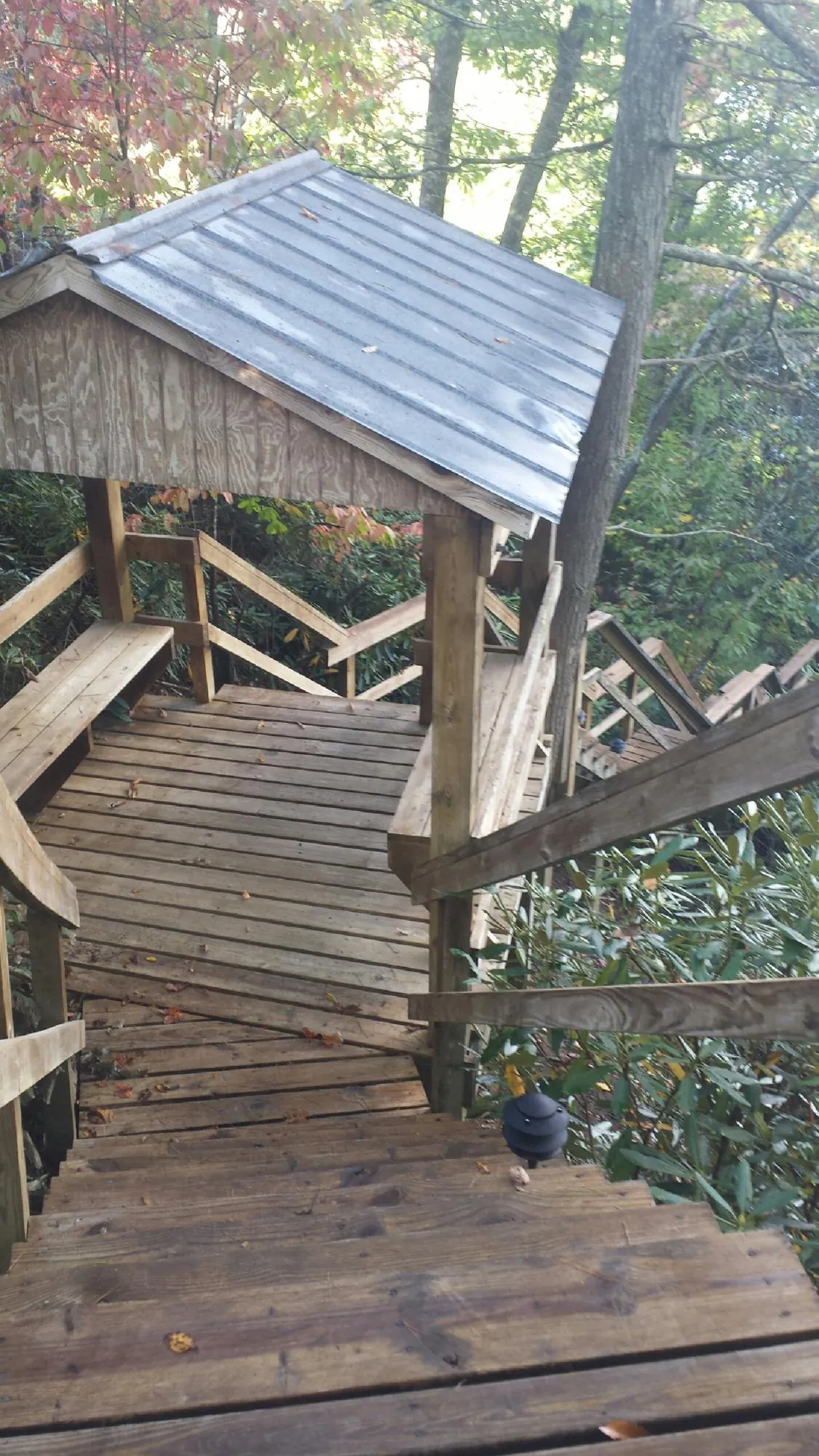 Metal roofed shelter over wooden steps on a wooded walkway — Skylight Repair & Installation work by our crew in Wilson Creek